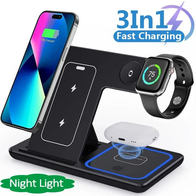 15W 3 in 1 Wireless Charger Stand – Foldable Fast Charging Station for iPhone, Apple Watch & AirPods